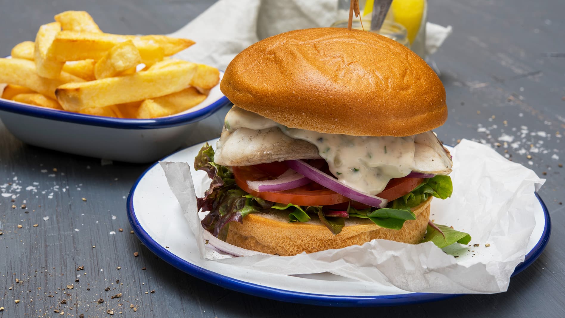 Barramundi burger with the Helgas' gluten-free roll