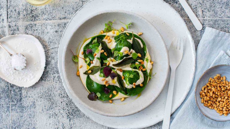 This image is of the Vegan Spinach Ravioli with Cashew Cheese Filling