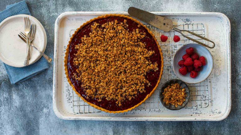 This image is of the Vegan rhubarb and raspberry pie