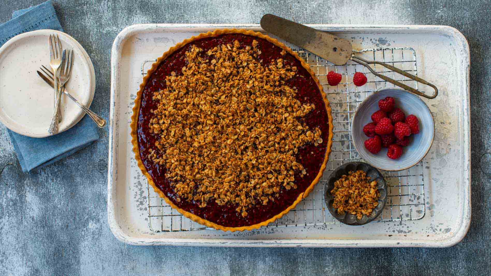This image is of the Vegan rhubarb and raspberry pie
