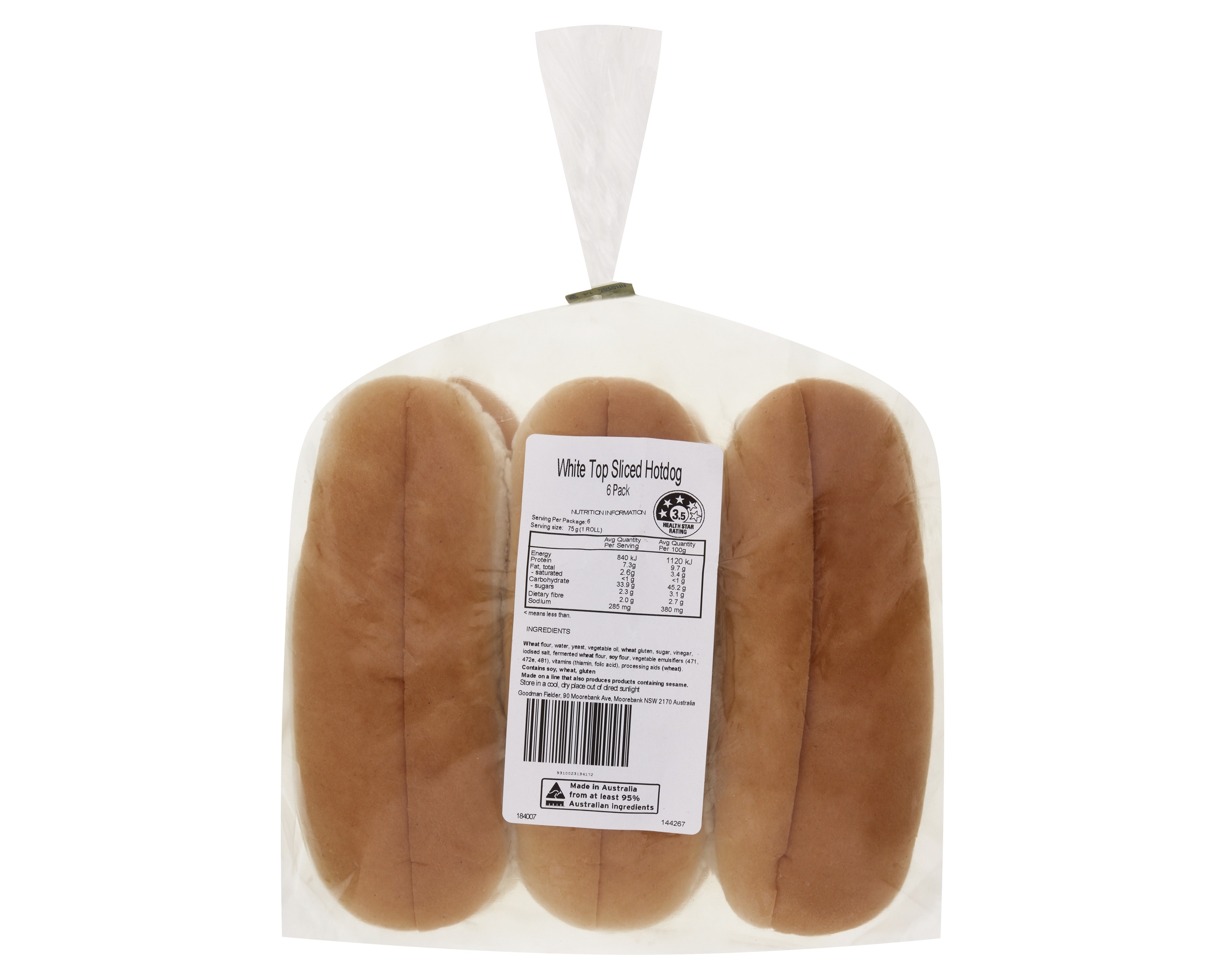 Unbranded Roll Top Sliced Hot Dog White 7i P6 450 g