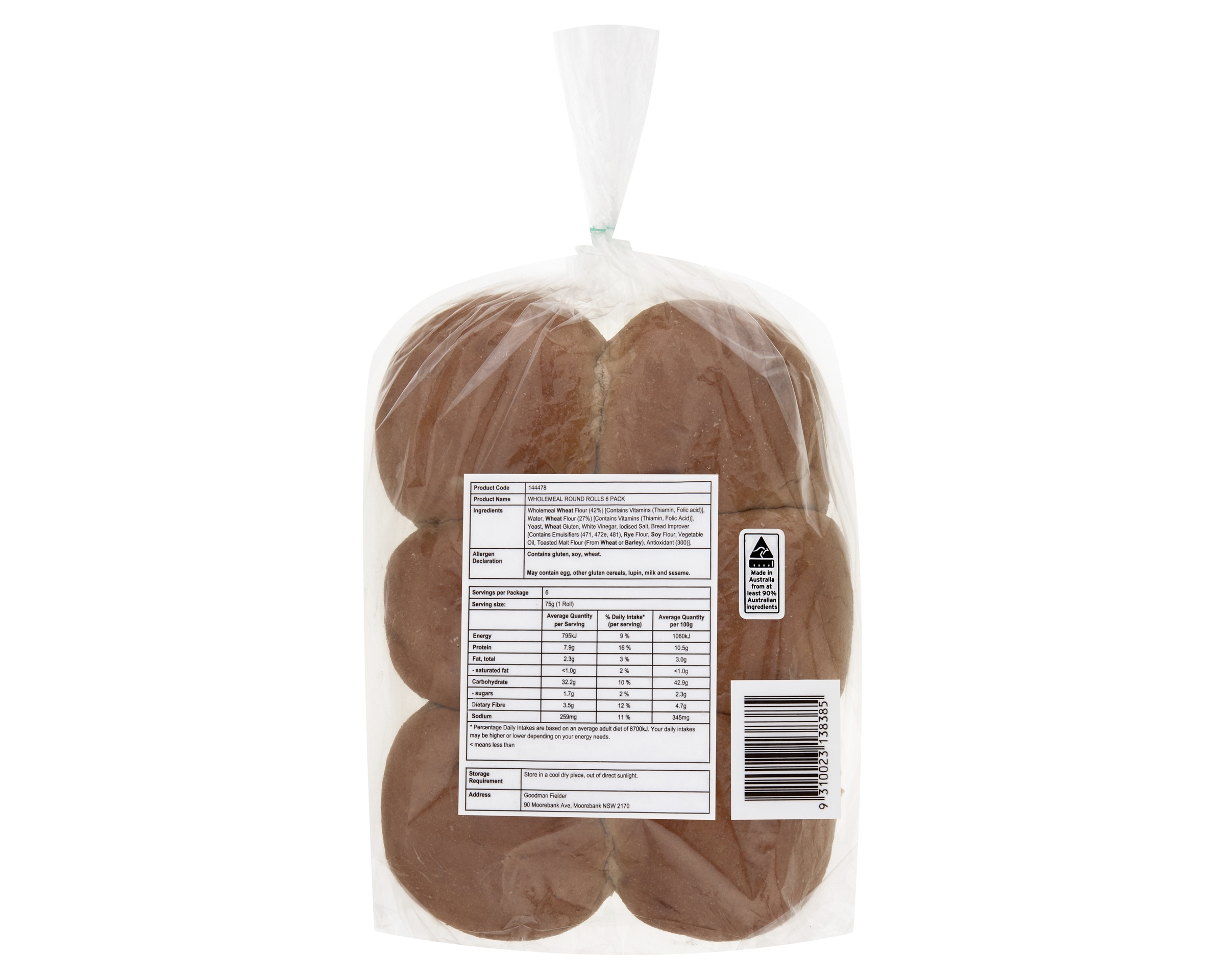 Unbranded Roll Round Batch Wholemeal P6 480 g