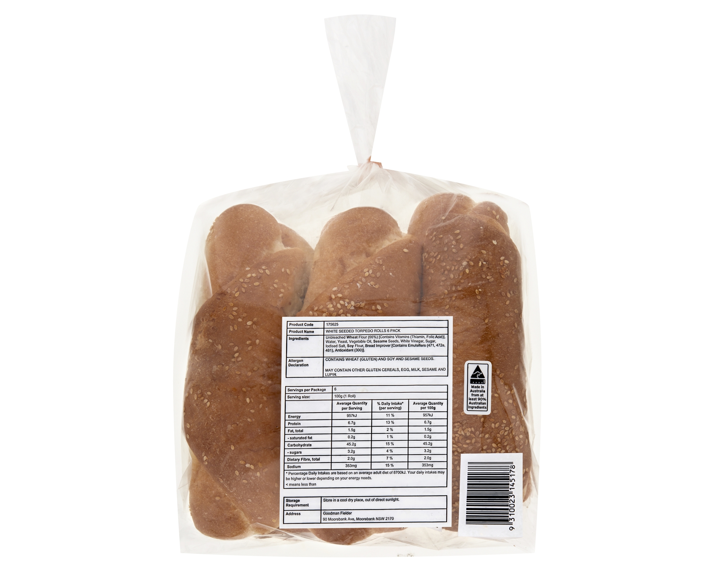 White Seeded Torpedo Rolls 6 Pack