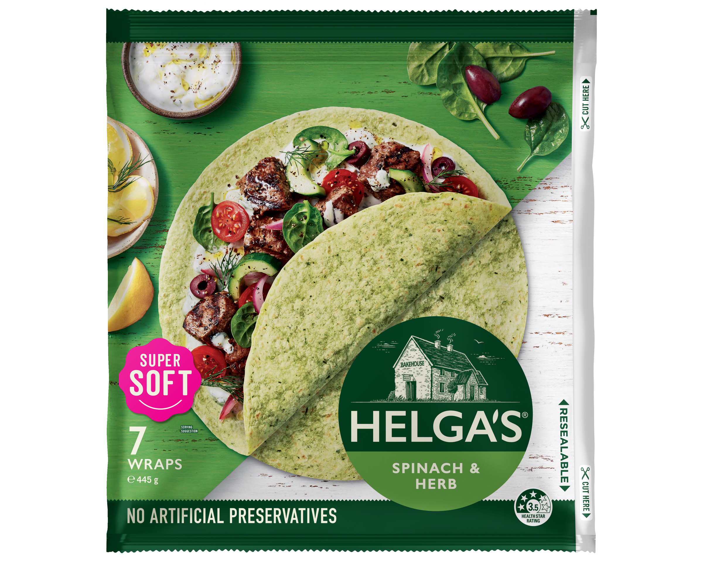 Helgas Wrap Spinach and Herb P7 445 g